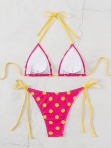 Swim Mod 2026 Spring/Summer Women's Spaghetti Strap Halter White Base Pink Polka Dot Random Print Sweet Cute Side Tie Thong Bikini Two Pieces Swimsuit