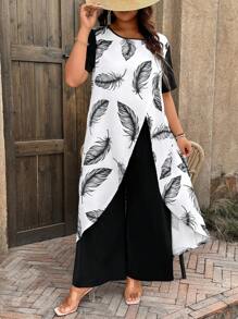 SHEIN LUNE Plus Size Women 2pcs Set Contrast Feather Print Asymmetrical Hem Short Sleeve Long Top And Wide Leg Pants Concert Outfit BOHO Vacation Summer Outfit - Black and White - View 1