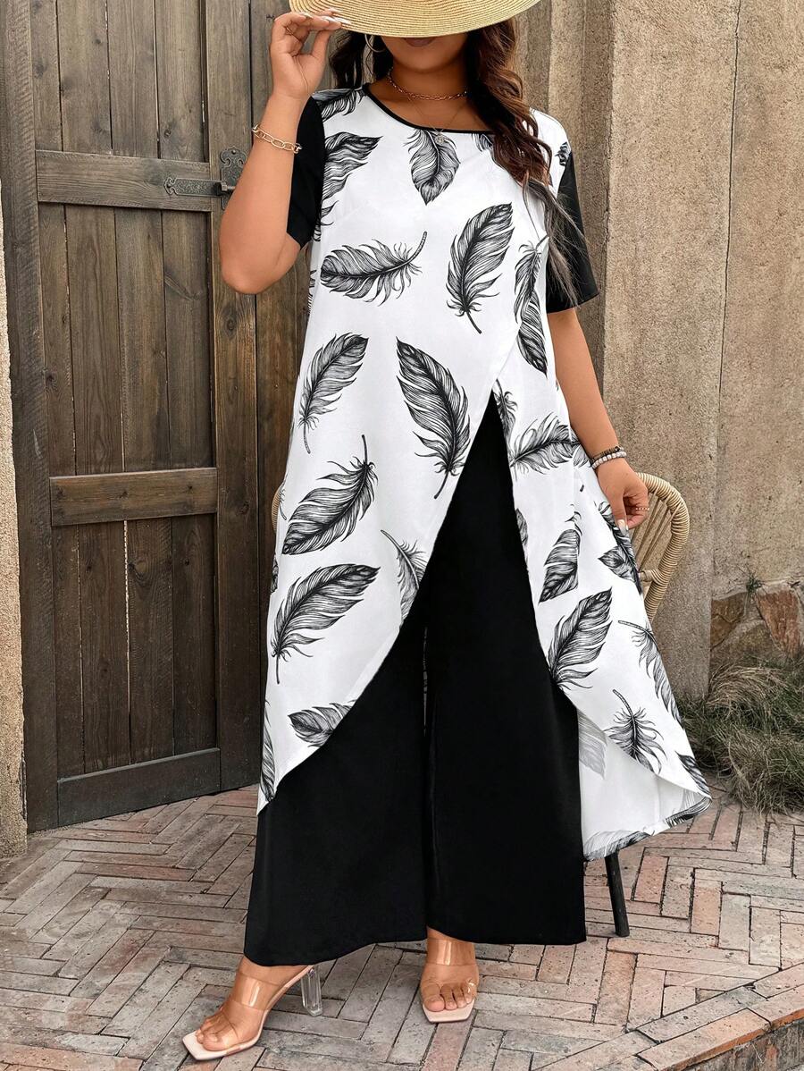 SHEIN LUNE Plus Size Women 2pcs Set Contrast Feather Print Asymmetrical Hem Short Sleeve Long Top And Wide Leg Pants Concert Outfit BOHO Vacation Summer Outfit - Black and White - View 1