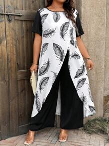 SHEIN LUNE Plus Size Women 2pcs Set Contrast Feather Print Asymmetrical Hem Short Sleeve Long Top And Wide Leg Pants Concert Outfit BOHO Vacation Summer Outfit - Black and White - View 3