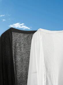 SHEIN EZwear 2 件大码女式黑白长袖前开式休闲夹克套装 - 黑與白 - 查看 4