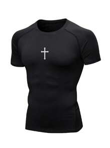 Manfinity Sport Corelite Men Graphic Print Raglan Sleeve Sports Gym Clothes Set, Men's Two Pieces Sports Suit, Cross Pattern, Comfortable Fabric, Breathable And Moisture-Wicking