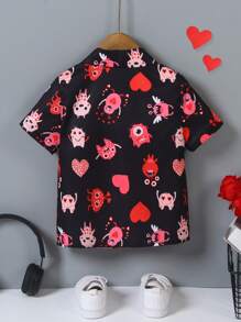 SHEIN Cartoon Print Short Sleeve Single-Breasted Casual Shirt For Boys, Suitable For Daily Casual, Family Gatherings, And Small Parties, You Will Be The Spotlight. - Multicolor - View 2
