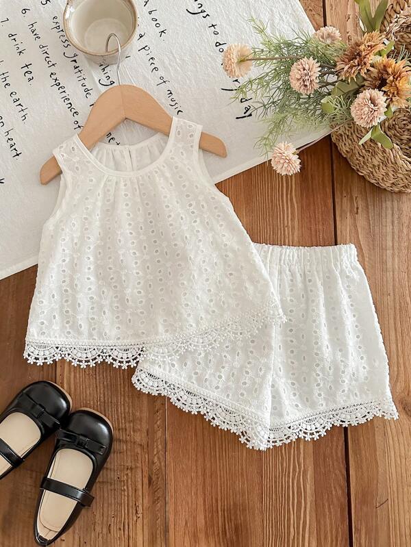 LMoss Kids LMoss 女婴纯色圆领梭织上衣和宽松梭织长裤两件套，适合春夏穿着