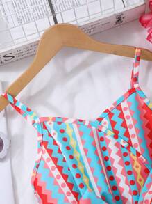 青少年女孩度假风格彩虹几何条纹全印花连体裤（配腰带）