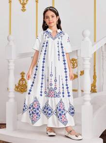 Tween Girl V-Neck Loose Floral Patchwork Long Dress, Holiday