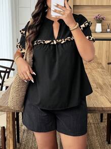Breezaya Plus Size Solid Color Cutout V-Neck Short Sleeve Casual Vacation Style Shirt