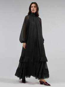 Ontre Stockholm Style, Teacher Outfits For Women,Fall Women Clothes,Women's Spring 2025 New Arrivals Valentine's Day Angora Red Ruffle Tie Waist Dress With Puff Sleeves, Long Sleeve Dress With Oversized Dress And Tie Back Ruffle Decor - Black - View 1