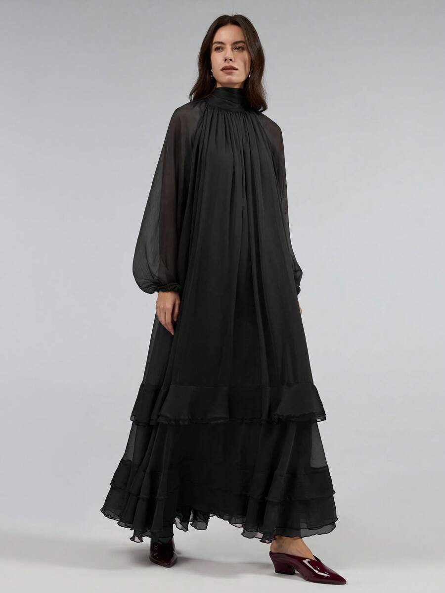 Ontre Stockholm Style, Teacher Outfits For Women,Fall Women Clothes,Women's Spring 2025 New Arrivals Valentine's Day Angora Red Ruffle Tie Waist Dress With Puff Sleeves, Long Sleeve Dress With Oversized Dress And Tie Back Ruffle Decor - Black - View 1