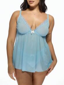 MISSGUIDED PLUS Plus Size Babydoll Lingerie With Lace Trim Empire Waist Mesh Nightwear Adjustable Straps Intimate Sleepwear Cami Top Spring Summer Collection - Blue - View 6