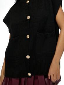 MISSGUIDED Luxury Oversized Button-Front Sweater Vest Designer Gold Button Sleeveless Cardigan Mock Neck Winter Fall Fashion Knitwear Classic Layering Piece - Black - View 6