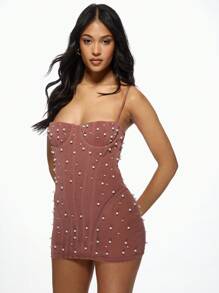 MISSGUIDED Pearl Embellished Mesh Corset Mini Dress Bodycon Party Evening Bustier Design Sweetheart Neckline Elegant Holiday New Year Club Dress - Pink - View 1