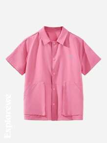 SHEIN Oversized Pocket Design Button Up Blouse For Tween Girls, Suitable For Outdoor Activities, Hiking, Casual Wear - Multicolor - View 3