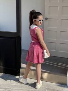 Tween Girls 时尚水洗牛仔背心，松紧腰身，拉链门襟和磨损下摆，搭配褶皱迷你裙 - 粉色 - 查看 2