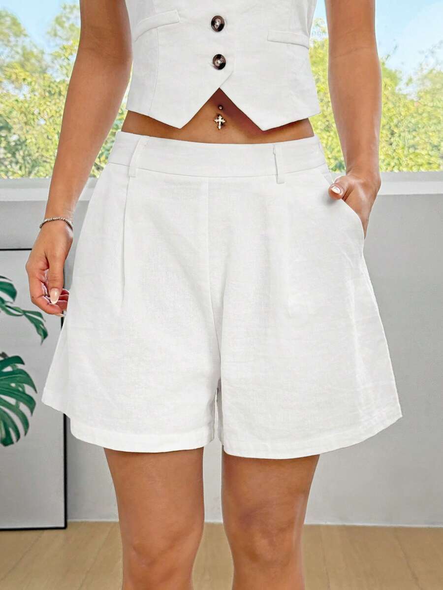 SHEIN EZwear 女式纯色口袋简约休闲长裤 - 白色 - 查看 1