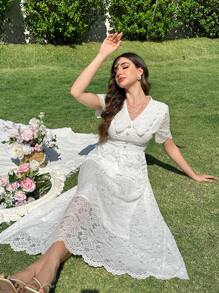 Modelyn Váy ren dài tay ngắn cổ Peter Pan kiểu Pháp ôm vừa vặn, dáng ôm cho nữ, mùa xuân/hè - trắng - Xem 4