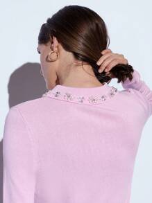 Maija 优雅现代春夏新款粉色垂直仿珍珠装饰领针织毛衣，休闲浪漫假日适合外出、聚会、婚礼、派对、情人节 - 粉色 - 查看 1