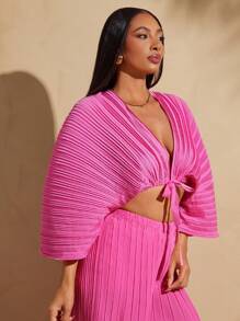 Vixey Sheer Pleated Chiffon Plunge Neck Self Tie Top, Summer Outfits For Women, Summer Tops, Beach Outfits For Women, Spring Outfits For Women, Boho, Beach Cover Up Women, Boho Women Clothing, Island Vacation Outfits - Hot Pink - View 4