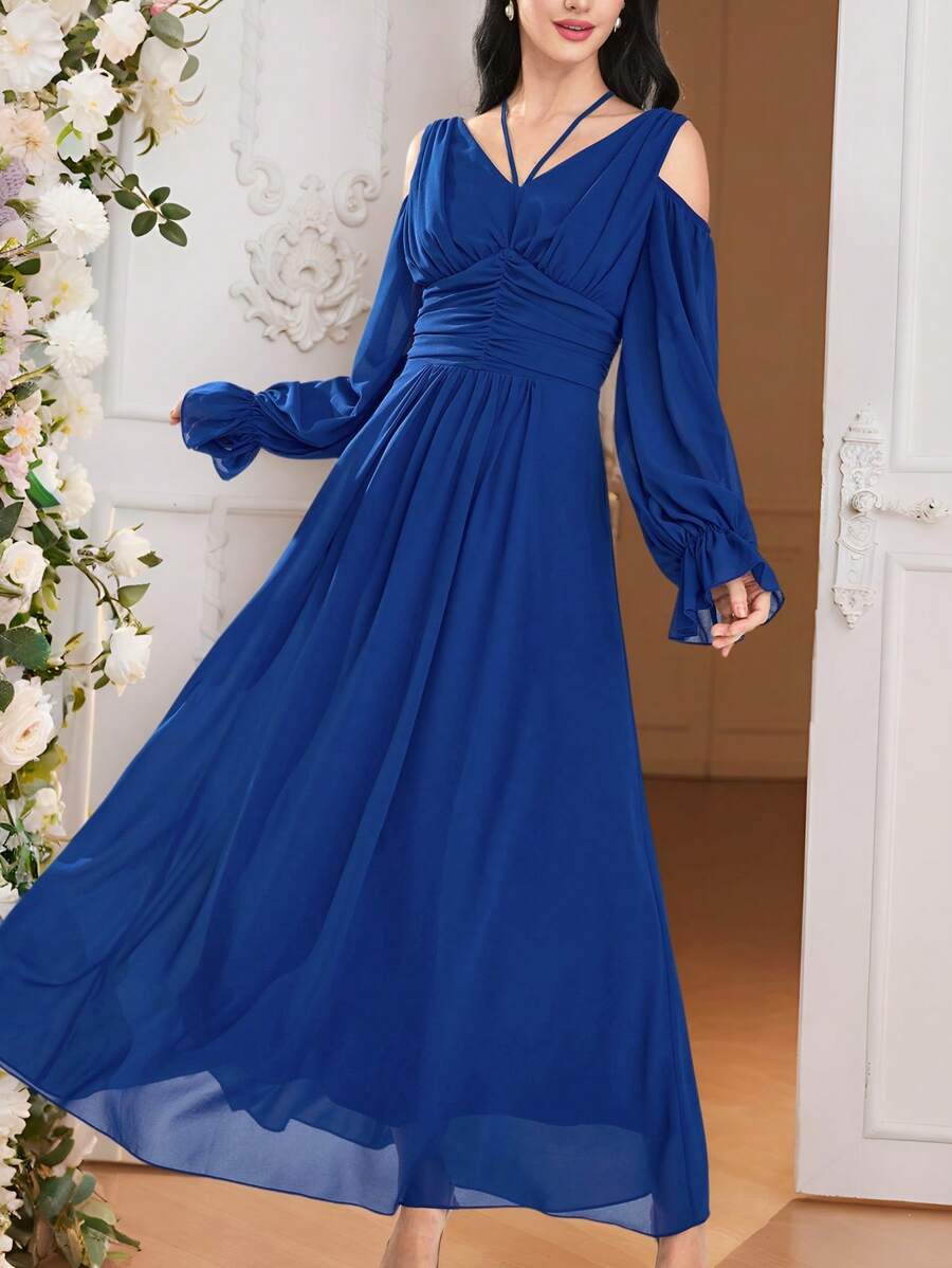 Modelyn Women's Solid Color Long Sleeve Long Dress, Simple Fashionable Casual Everyday Wear - Blue - View 1