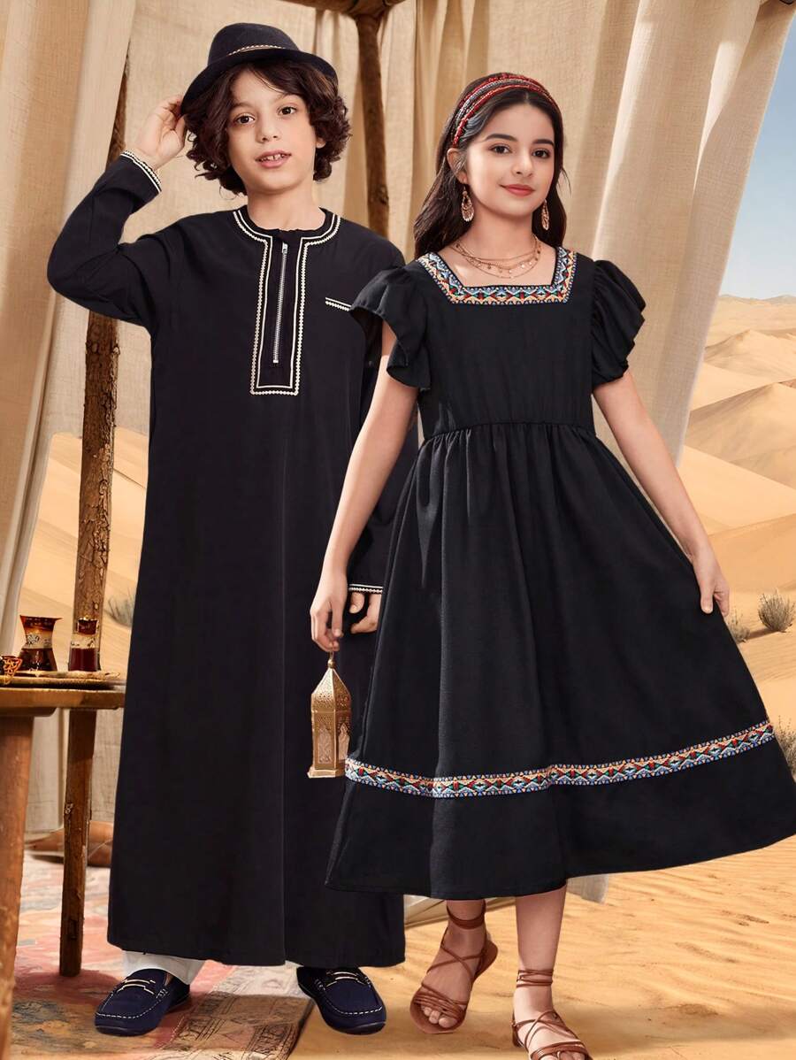 SHEIN 青少年女孩休闲优雅拼布缎带度假风格连衣裙 - 黑色 - 查看 1