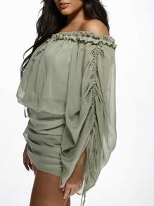 MISSGUIDED PLUS Off Shoulder Ruffle Sage Mini Dress Chiffon Sheer Long Sleeve Boho Summer Party Wedding Guest Flowy Beach Resort Vacation Evening - Green - View 7