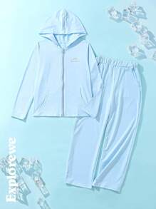SHEIN 青少年女孩 2 件套：休闲纯色连帽衫和裤子 - 藍色 - 查看 1