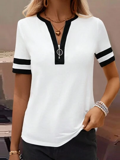 SHEIN LUNE Zipper Half Placket Striped Short Sleeve T-Shirt Graphic Tees Women Tops