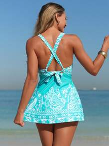 Swim Lushoire Spring Break 2pcs Women Deep Neck Top And Tie Side Bottom Swimwear Tankini Set, Casual Summer Beach Vacation Outfit - Multicolor - View 3