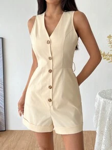 Flirla 简约 V 领无袖休闲连体裤 - 杏色 - 查看 1