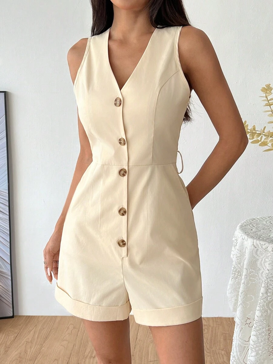 Flirla 简约 V 领无袖休闲连体裤 - 杏色 - 查看 1