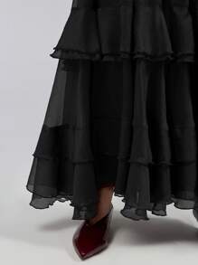 Ontre Stockholm Style, Teacher Outfits For Women,Fall Women Clothes,Women's Spring 2025 New Arrivals Valentine's Day Angora Red Ruffle Tie Waist Dress With Puff Sleeves, Long Sleeve Dress With Oversized Dress And Tie Back Ruffle Decor - Black - View 2