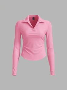 SHEIN BASICS Casual Solid Color Knitted Lapel Partial Button Down Long Sleeve Ruched Side Women Top - Pink - View 6