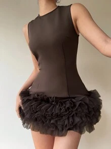 Aloruh 咖啡色荷叶边网眼下摆无袖迷你连衣裙，时尚女装 - 咖啡棕 - 查看 3