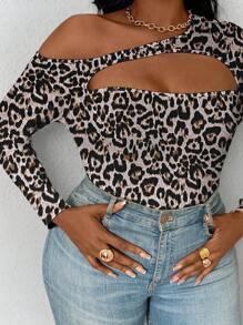 Maweii Plus Size Leopard Print Hollow Out One Shoulder Long Sleeve Sexy T-Shirt - Multicolor - View 4