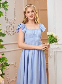1pc Teen Girls' Square Neck Double Layered Ruffle Sleeve Midi Dress, Elegant Casual Sundress For Summer - Blue - View 3