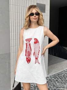 Forever 21 Women's Round Neck Sleeveless Simple Fish Print Casual Short Dress - White - View 4