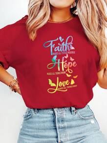Calvaya Plus Size Slogan English Letter Print Okrągły dekolt Krótki rękaw T-shirt Wiara SPRAWIA, ŻE WSZYSTKO JEST MOŻLIWE Nadzieja SPRAWIA, ŻE WSZYSTKO DZIAŁA Miłość SPRAWIA, ŻE WSZYSTKO JEST ŁATWE Na Nowy Rok Damska koszulka z nadrukiem na lato