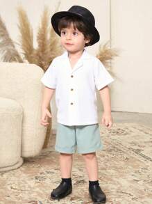 2pcs/Set Young Boys Casual School Style Short Sleeve Shirt And Elastic Waist Solid Color Shorts Outfit, Suitable For Spring, Summer And Autumn