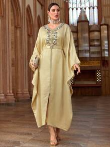 Al Najma Women's Embroidered Batwing Sleeve Turkish & Arabic Traditional Long Dress, Kaftan & Jalabiya, Luxury Evening Dresses For Women - Apricot - View 6