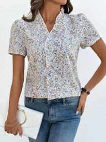 EMERY ROSE Women's Summer Casual Resort Ruffle Collar Lantern Sleeve Ditsy Floral Blouse