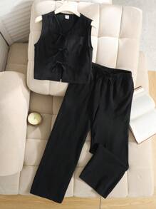 SHEIN Leap Crew Tween 女童时尚街头风格编织纯色蝴蝶结装饰无袖上衣和阔腿裤 2 件套，适合春夏季、郊游、乡村、茶会、休闲装、返校、母女装 - 黑色 - 查看 4