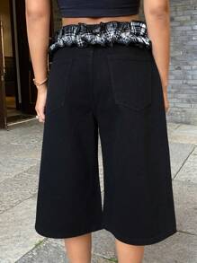 DAZY Hippie Patchwork Plaid Floral Trim Straight Leg Women Denim Shorts For Spring Summer - Black - View 2