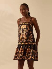 CAJUNI Women's Boho Tropical Floral Print Black & Orange Backless Tie Strap Casual Vacation Beach Mini Dress, Summer - Multicolor - View 1