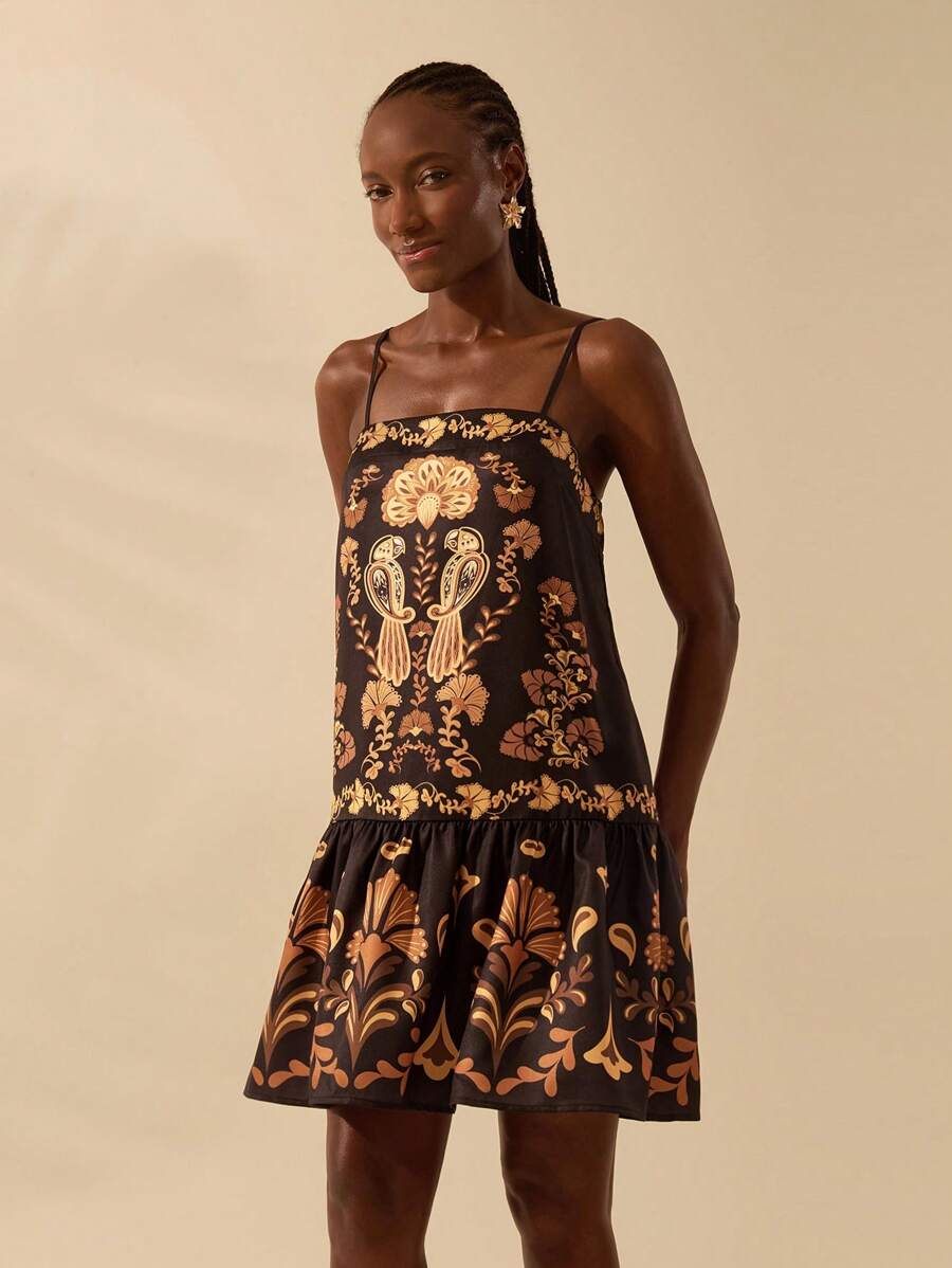 CAJUNI Women's Boho Tropical Floral Print Black & Orange Backless Tie Strap Casual Vacation Beach Mini Dress, Summer - Multicolor - View 1