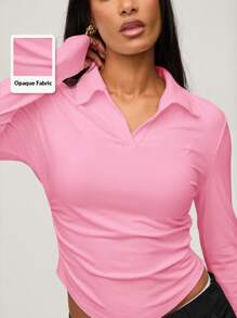 SHEIN BASICS Casual Solid Color Knitted Lapel Partial Button Down Long Sleeve Ruched Side Women Top - Pink - View 9