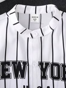 Young Boy Casual Striped Letter Print Stand Collar Short Sleeve Shirt, Comfortable Sporty Style Suitable For Daily Wear, School, Travel, Sports, Spring And Summer - White - View 4