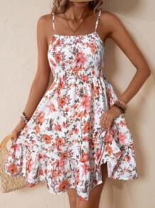 SHEIN VCAY Women Summer Floral All-Over Print Sleeveless Casual Short Dress With Spaghetti Strap,Sun Dress - Orange - View 3