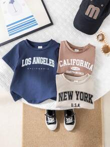 SHEIN 3pcs/Set Baby Boy Summer Color Letter Print Soft Knit Crew Neck Short Sleeve Tops - Navy Blue - View 3