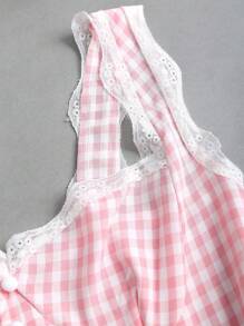 Sweetra 法式少女粉色格子蕾丝边细肩带 V 领收腰性感洛丽塔 A 字裙女装 - 粉色 - 查看 4