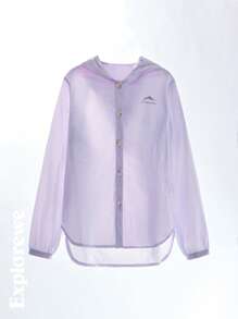 SHEIN Camisa com capuz e estampa de montanha para meninas adolescentes, manga comprida, abotoamento simples - Roxa - Ver 4
